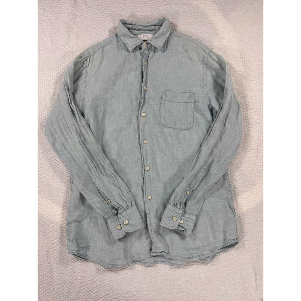 UNIQLO Shirt Womens Large Blue Linen Button Up Long Sleeve Casual Beach - Picture 2 of 9